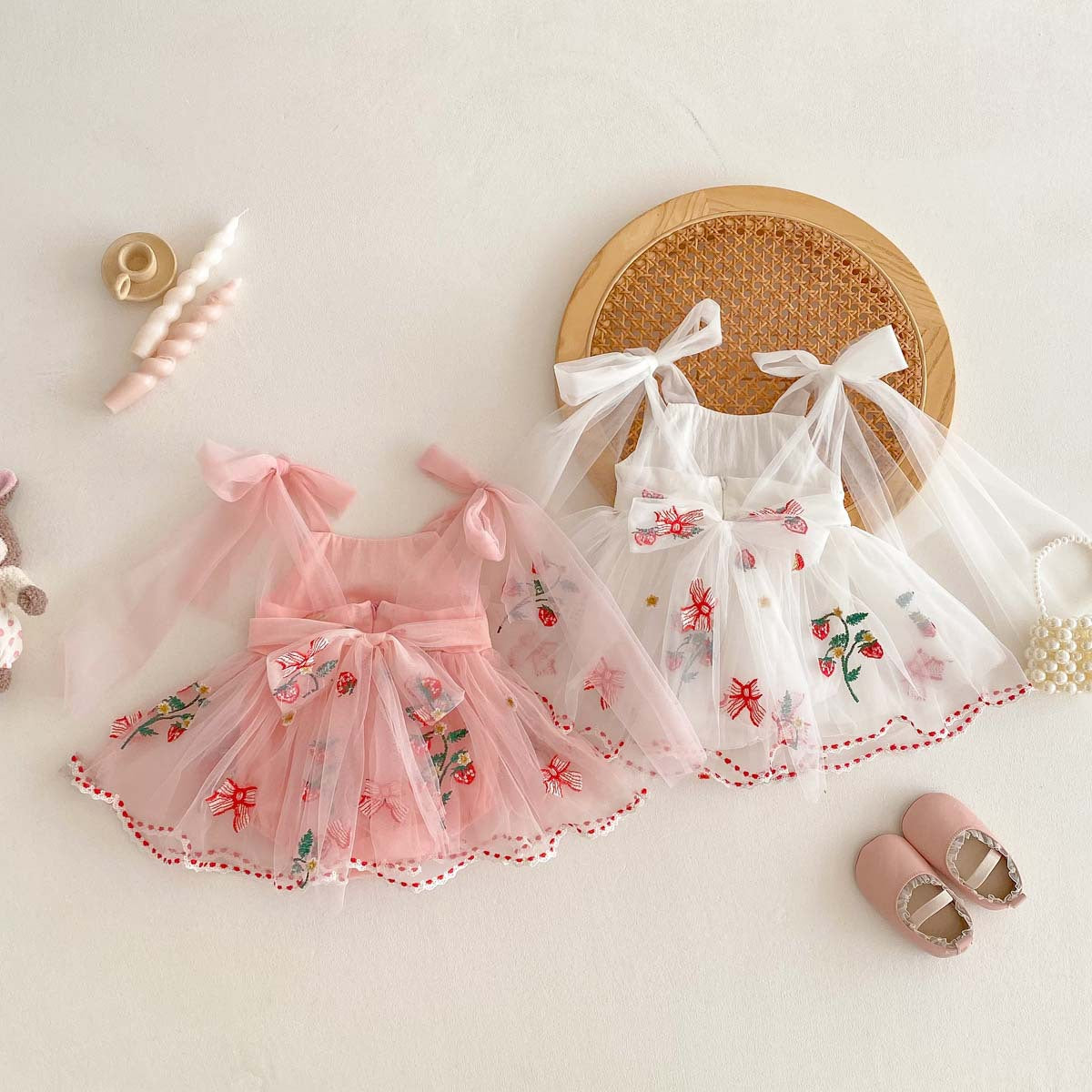 Baby Girl Strawberry Embroidered Tulle Dress Romper