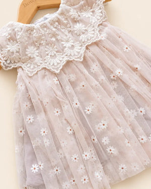 Floral daisy frock in mint green and blush pink with an embroidered lace collar