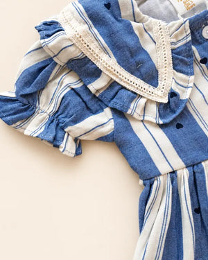 Striped girls frock set with heart motifs, ruffled sleeves, lace trim, and matching pants