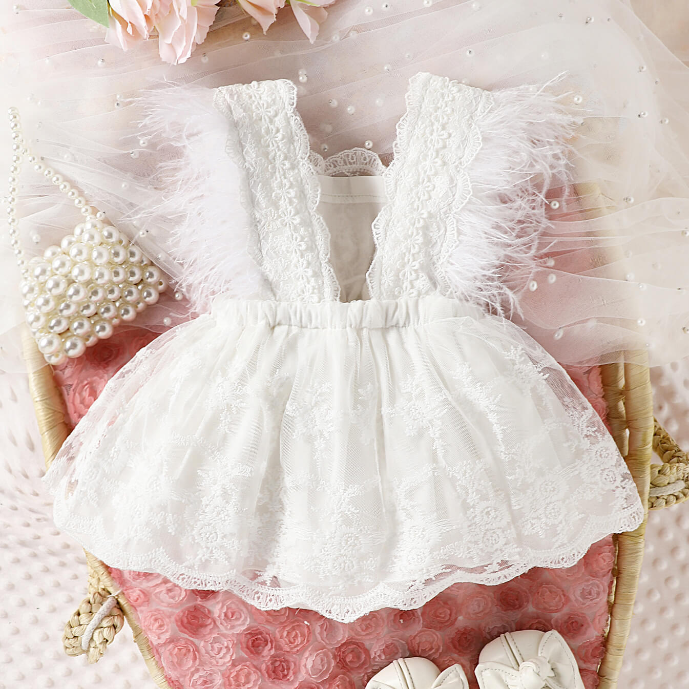 Baby Girl White Lace Feather Romper Dress