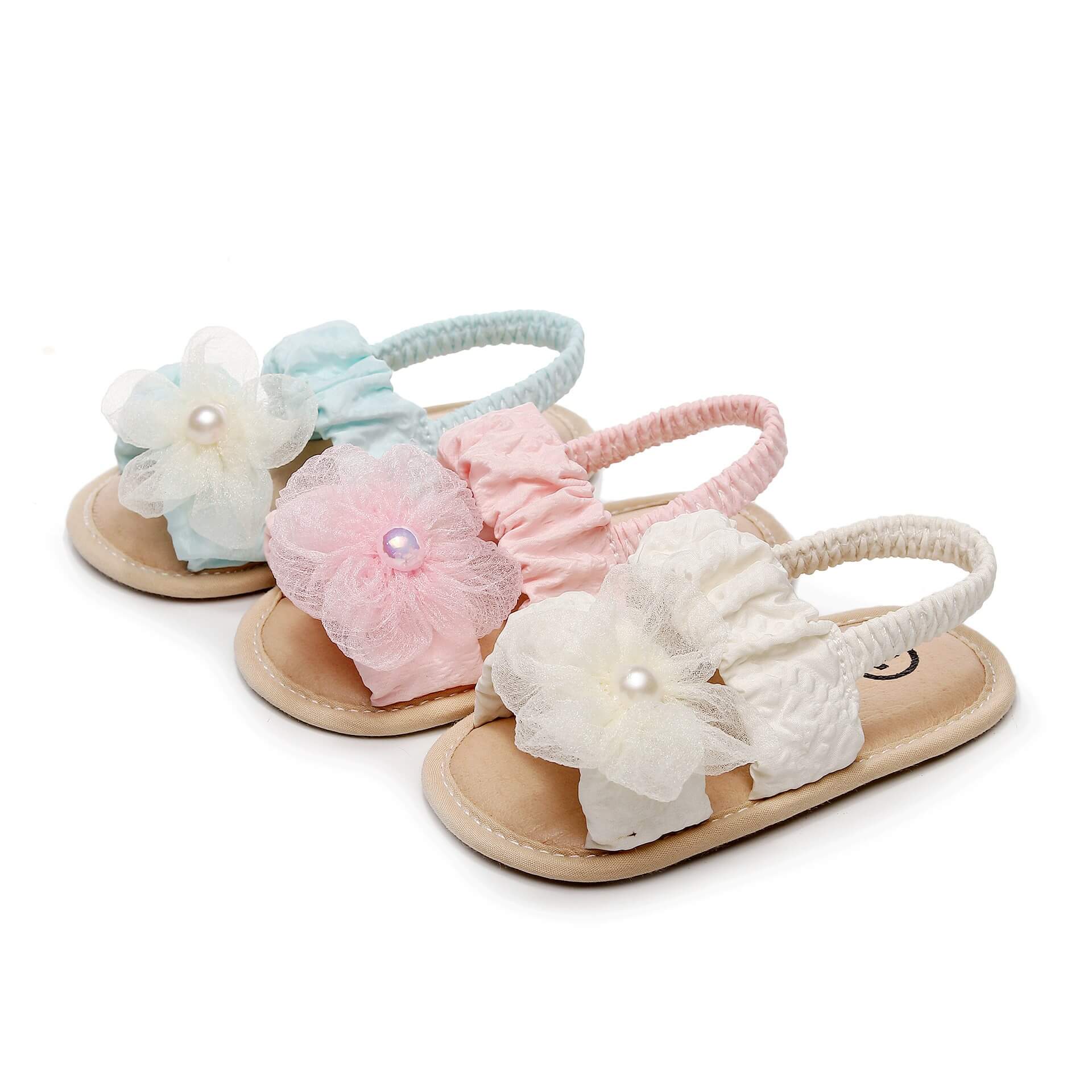 Baby Girl Ruffle Fabric & Lace Flower Pearl Open-Toe Sandals