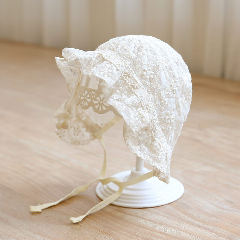 Baby Girl Vintage Lace Bonnet with Ribbon Tie