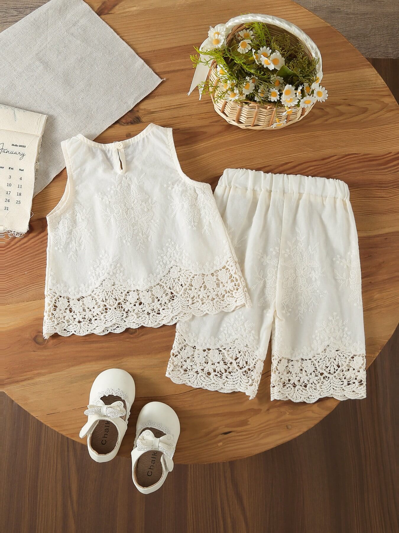 Girls White Floral Embroidered Top & Wide Leg Pants 2 Pcs Set