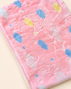 Blue and pink baby blanket with star, moon and cloud patterns