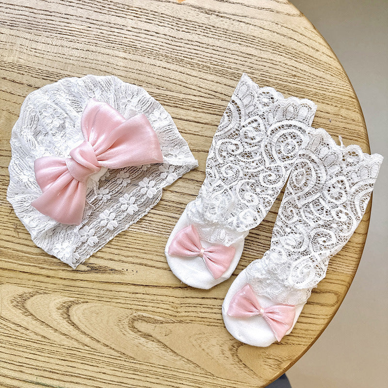 Blossom Lace Bow Headband & Socks Set 0-1 year
