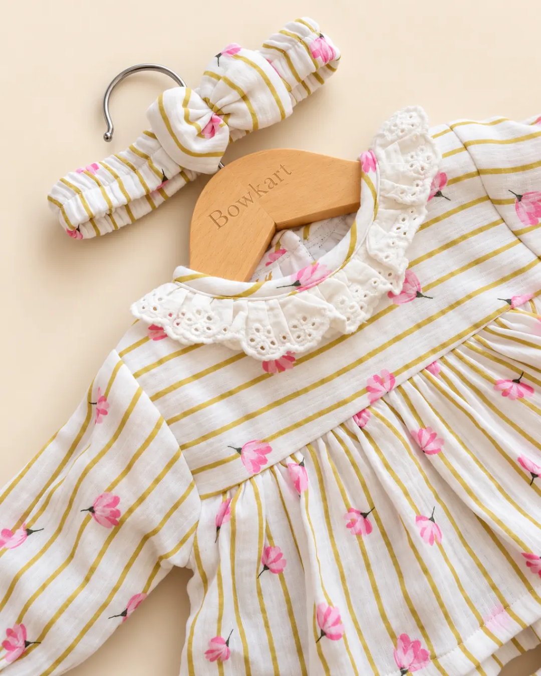 White floral stripe girls frock set with matching bloomers and headband