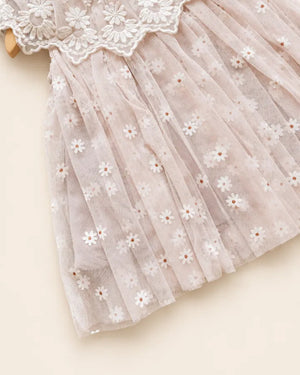 Floral daisy frock in mint green and blush pink with an embroidered lace collar