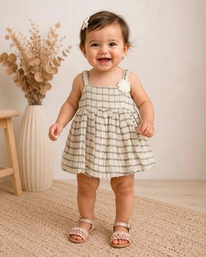 Baby sleeveless plaid bubble frock with floral accent
