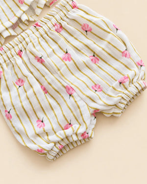 White floral stripe girls frock set with matching bloomers and headband