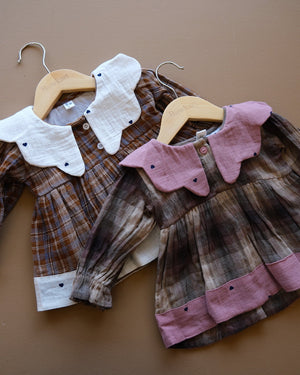 Baby plaid frock with contrasting Peter Pan collar and gathered skirt