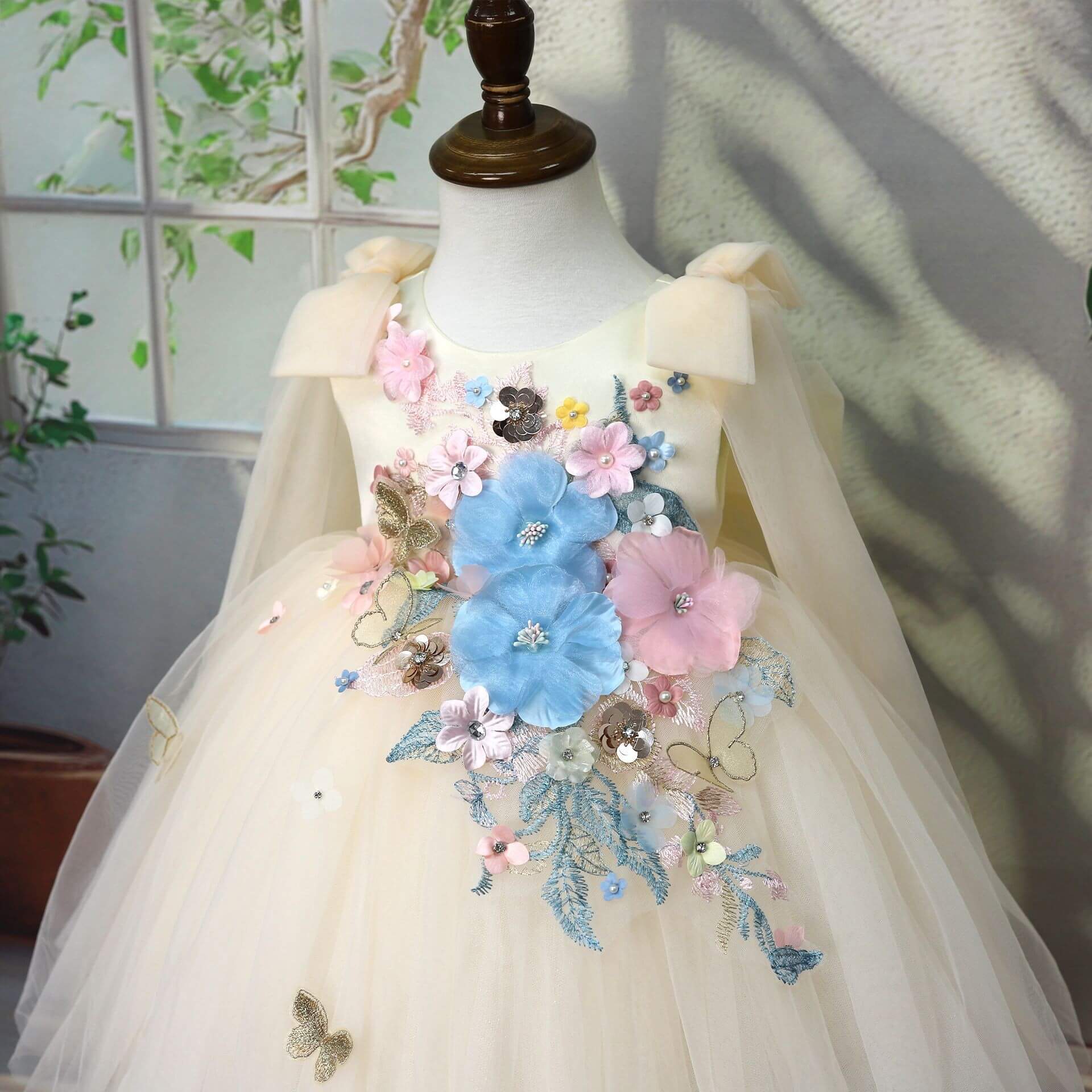 Girls Champagne Tulle Ball Gown with 3D Floral & Butterfly Appliqué