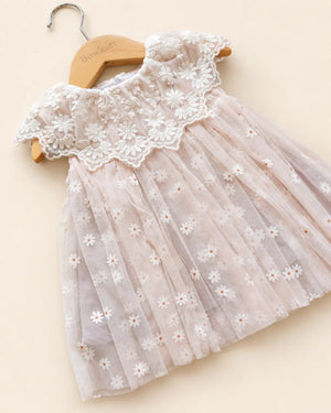 Floral daisy frock in mint green and blush pink with an embroidered lace collar