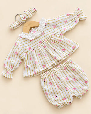 White floral stripe girls frock set with matching bloomers and headband