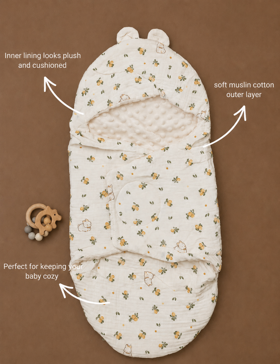 Plush Lined Muslin Hooded Newborn Swaddle Sleeping Bag