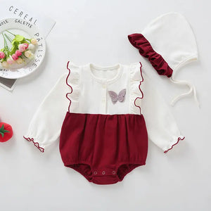 Long Sleeve Cotton Baby Romper with Hat - Burgundy