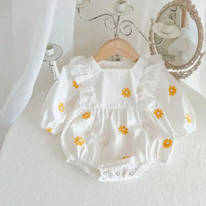White Daisy Long Sleeved Baby Girls Bubble Romper 3-9 Months