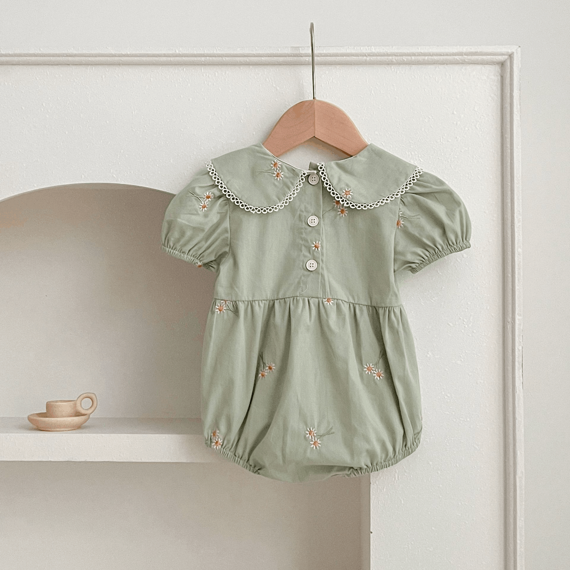 Daisy Bloom Embroidered Olive Green Baby Romper