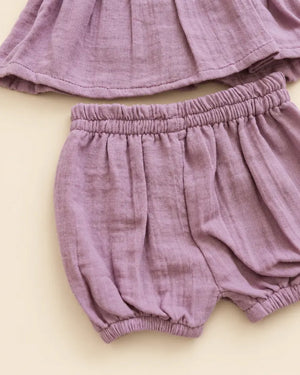 Dusty mauve baby girls' frock set with lace collar, matching bloomers, and bow headband