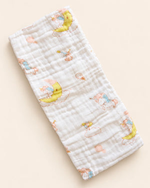 Printed muslin baby towel with playful elephant, unicorn, vehicle, and multicolor designs