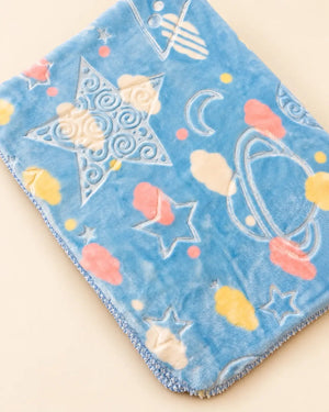 Blue and pink baby blanket with star, moon and cloud patterns