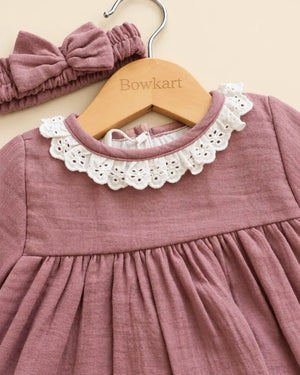 Dusty mauve baby girls' frock set with lace collar, matching bloomers, and bow headband