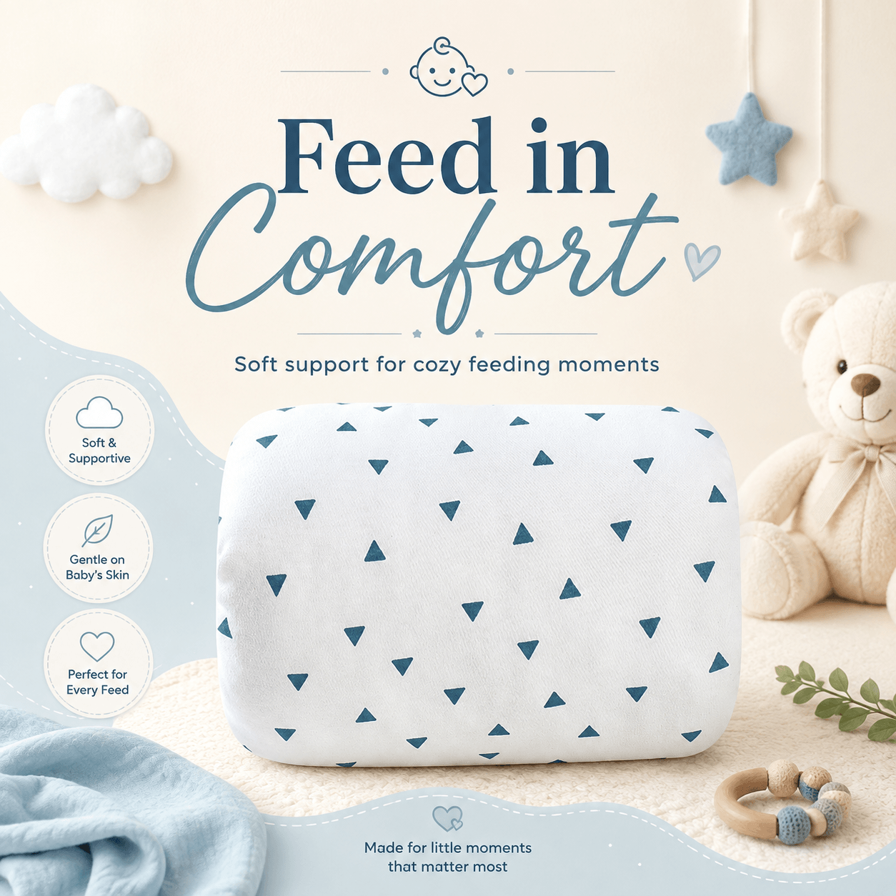 A baby feeding support pillow with a white fabric cover and a small blue triangle pattern, displayed in a cozy nursery setting with a teddy bear, blanket, and decorative text.