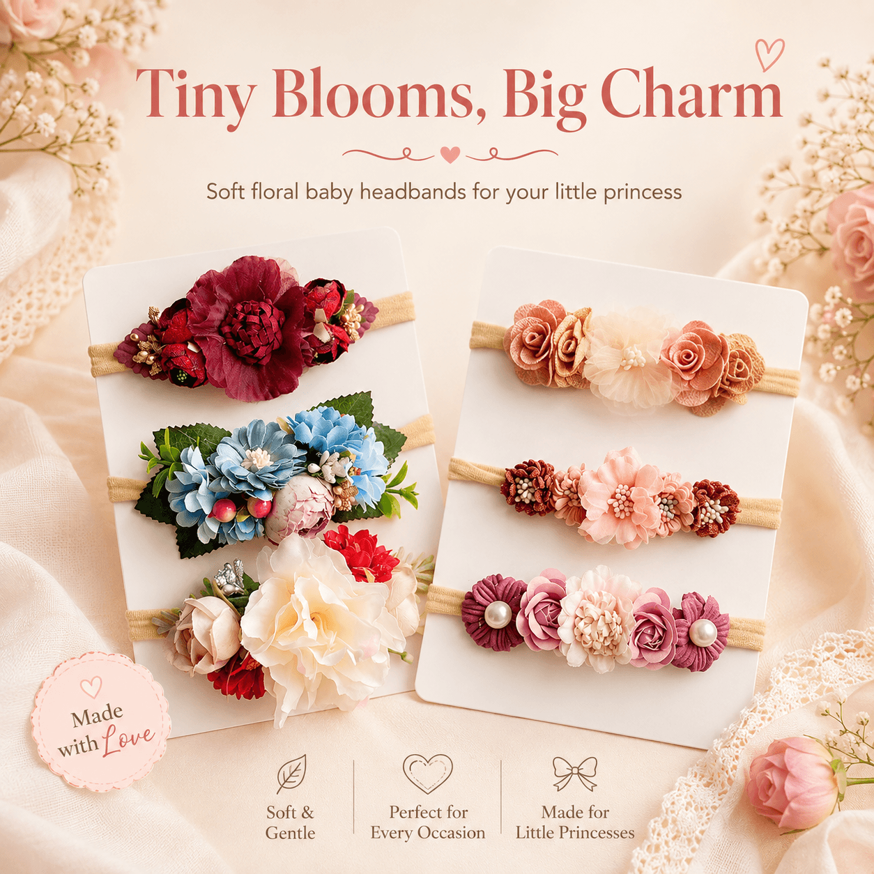 Four floral baby headbands displayed on white cards against a soft cream fabric background with decorative flowers and lace. The headbands feature faux roses and blossoms in red, blue, pink, beige, and burgundy tones, with small pearl-like accents.