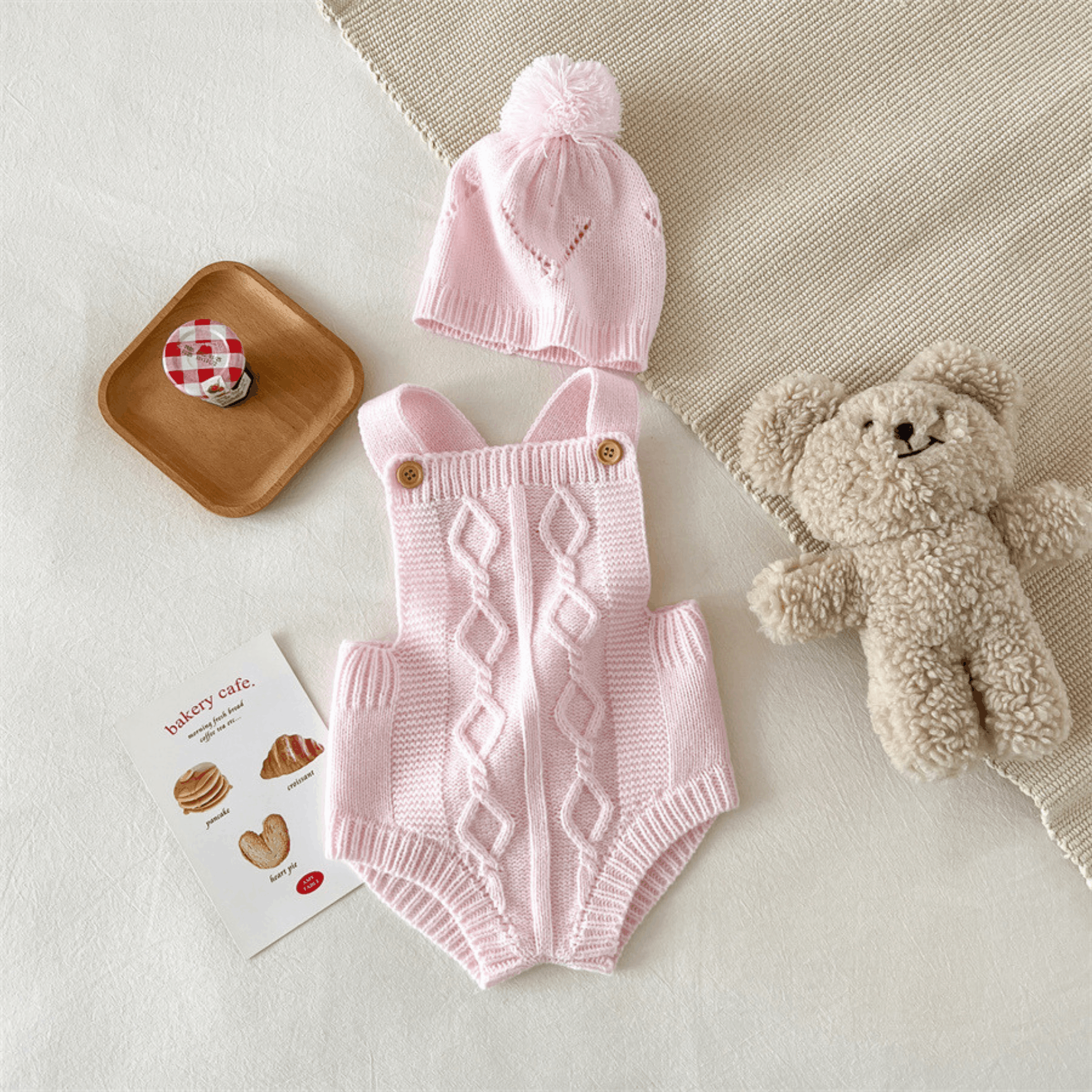 Cable Knit Baby Romper Set with Pom-Pom Hat