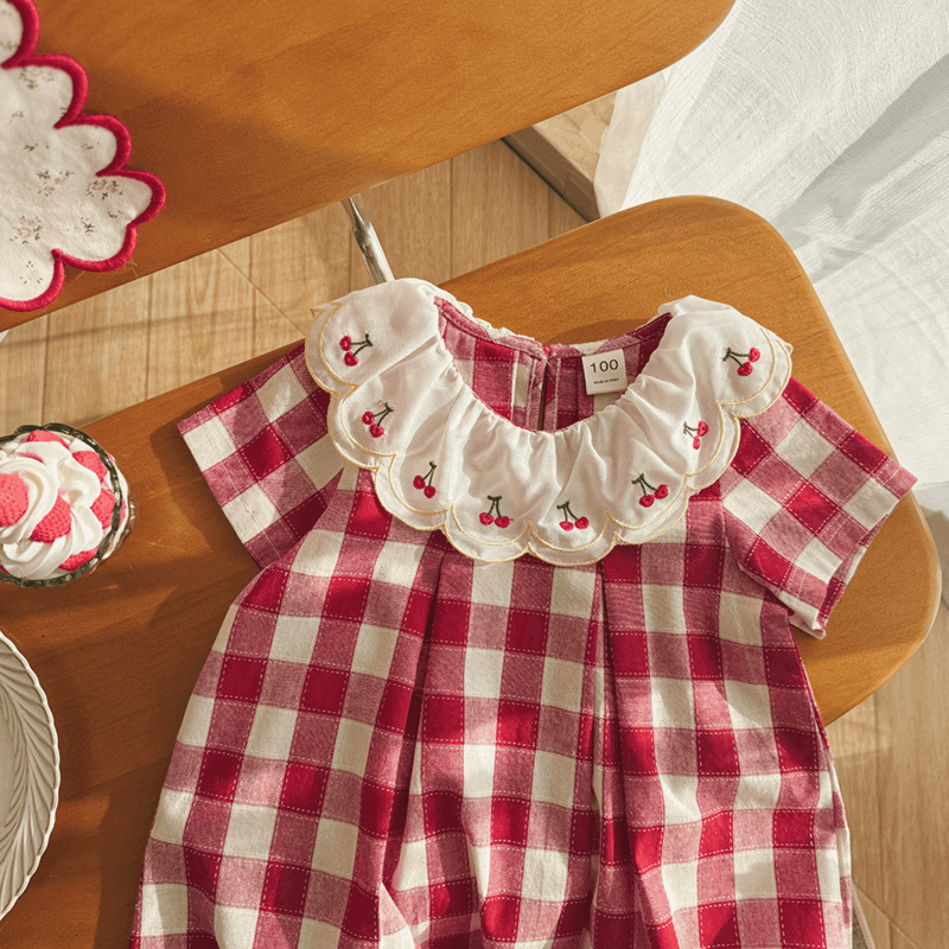 Red Check Cherry Collar Girls Dress