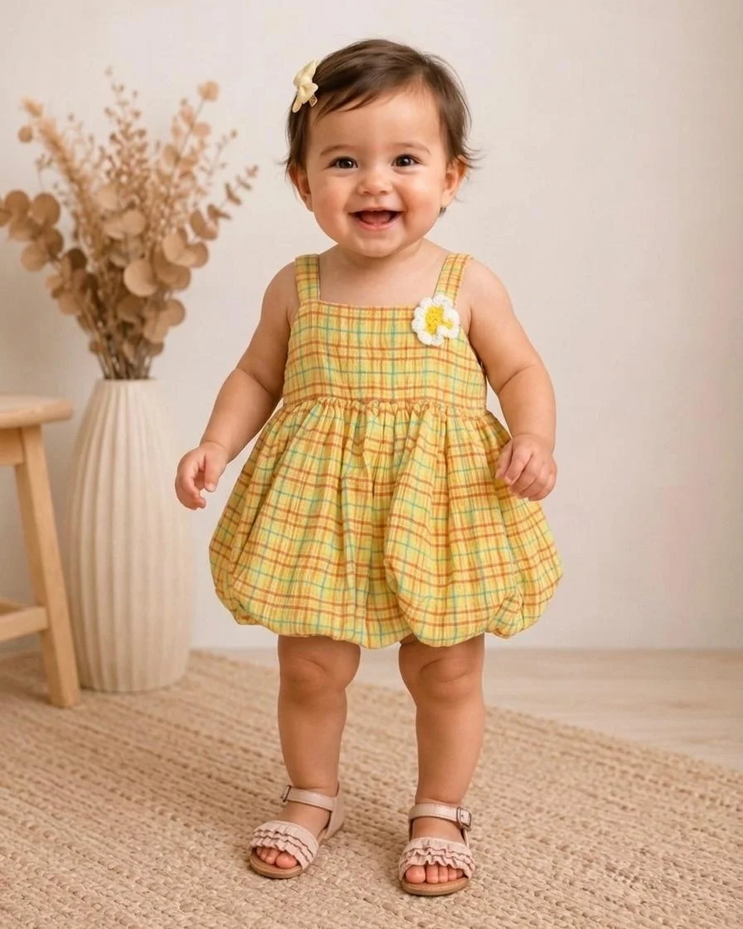Baby sleeveless plaid bubble frock with floral accent