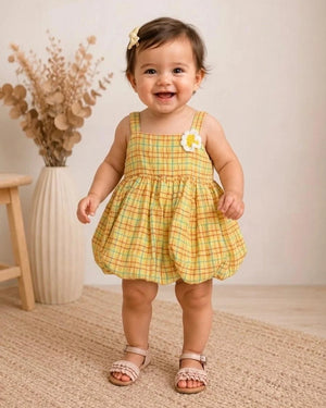 Baby sleeveless plaid bubble frock with floral accent