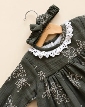 Dark olive green floral embroidered top and trouser set with white lace collar