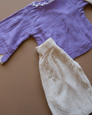 Girls' purple floral-trim top with coordinating off-white pants