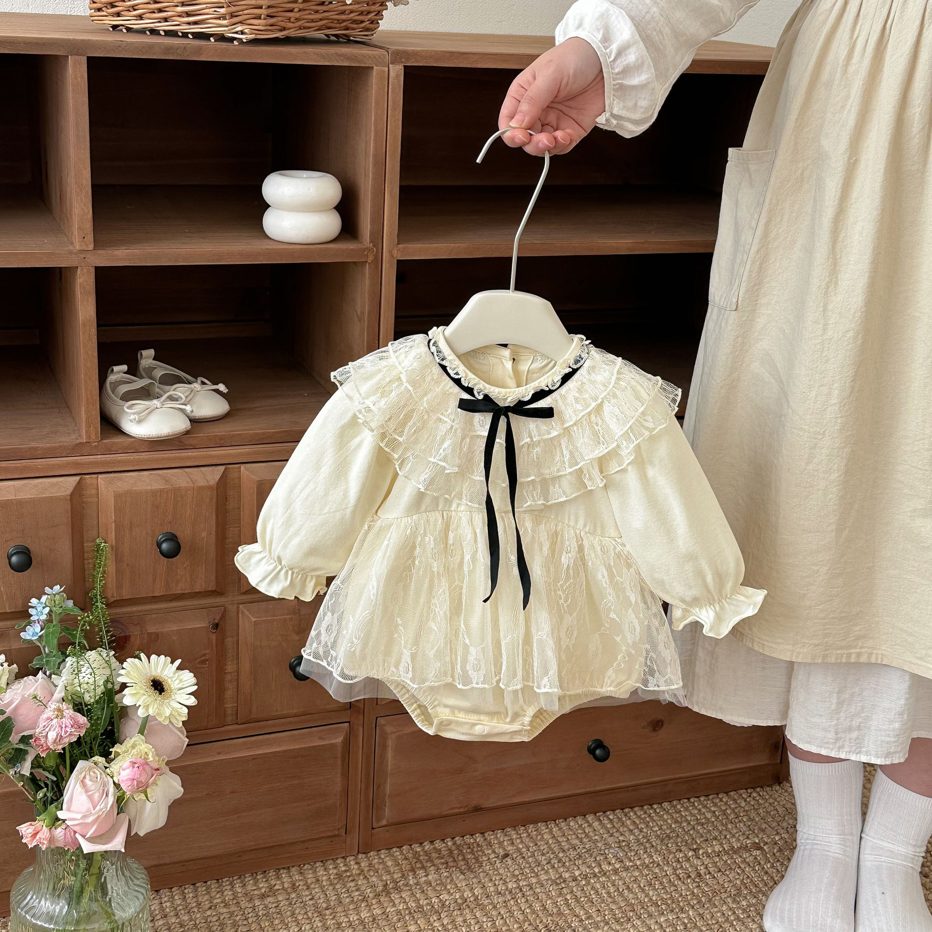 Vintage Lace Ruffle Baby Romper Dress with Black Ribbon