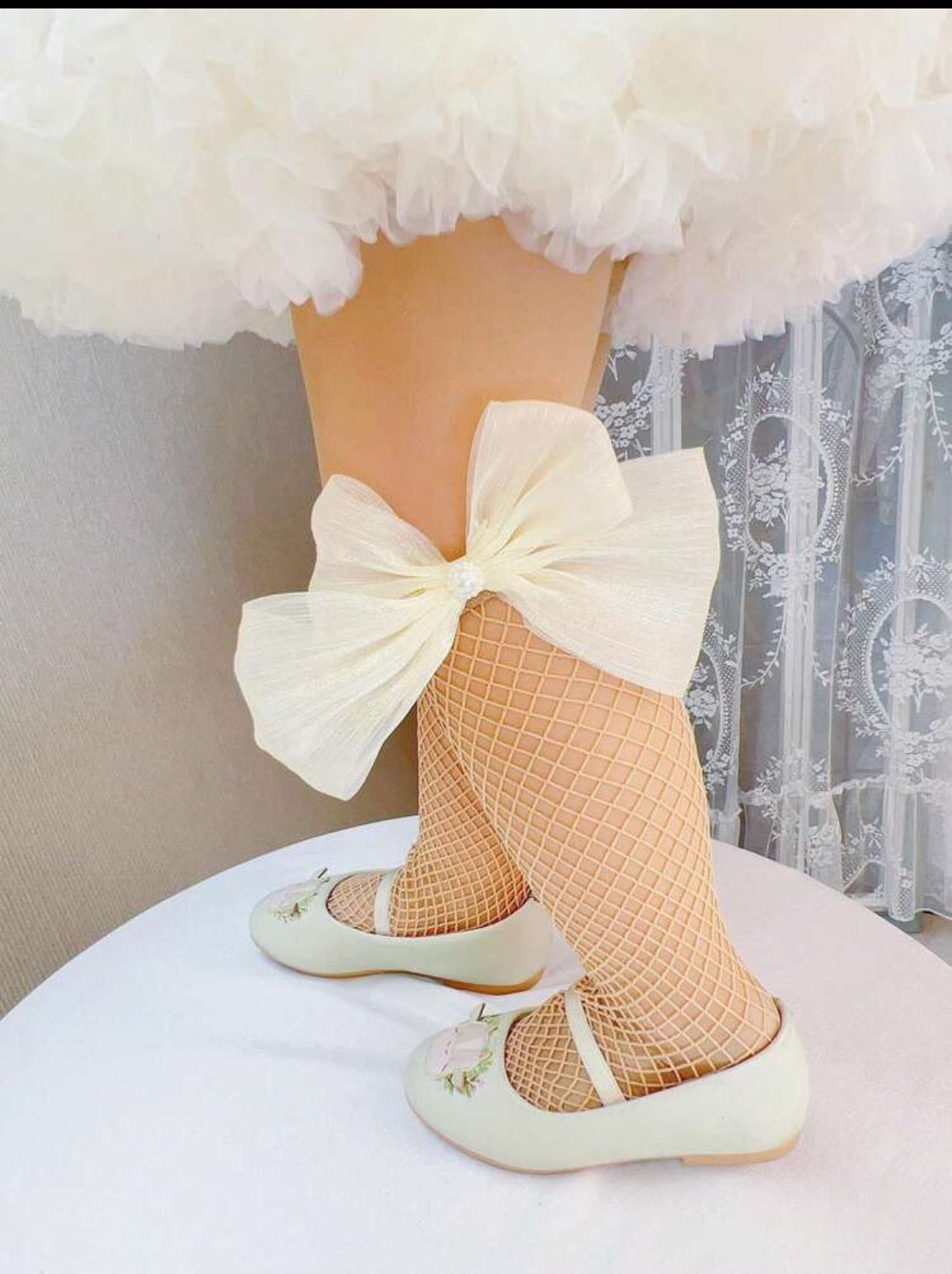 Pearl Beaded Bowknot Fishnet Socks 6 Months - 2 Year