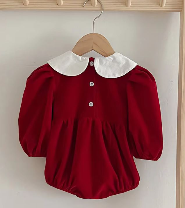 Puffed Sleeve Red Velvet Romper Main Image