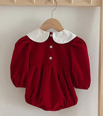 Puffed Sleeve Red Velvet Romper