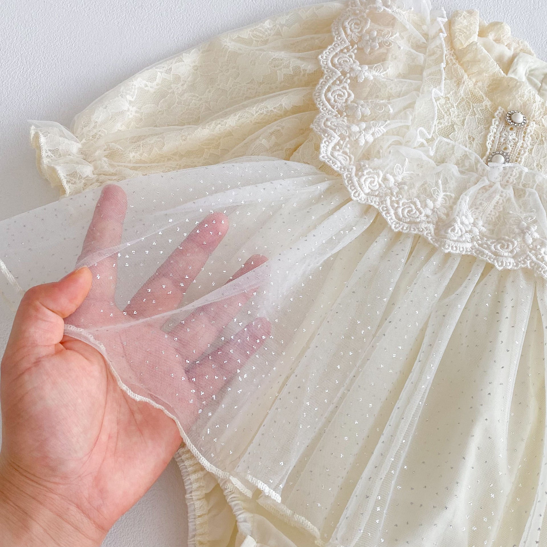 Ivory Lace Tulle Party Romper Dress for Baby Girls