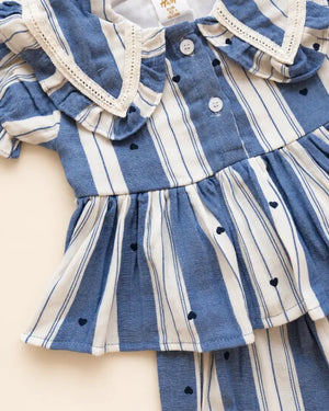 Striped girls frock set with heart motifs, ruffled sleeves, lace trim, and matching pants