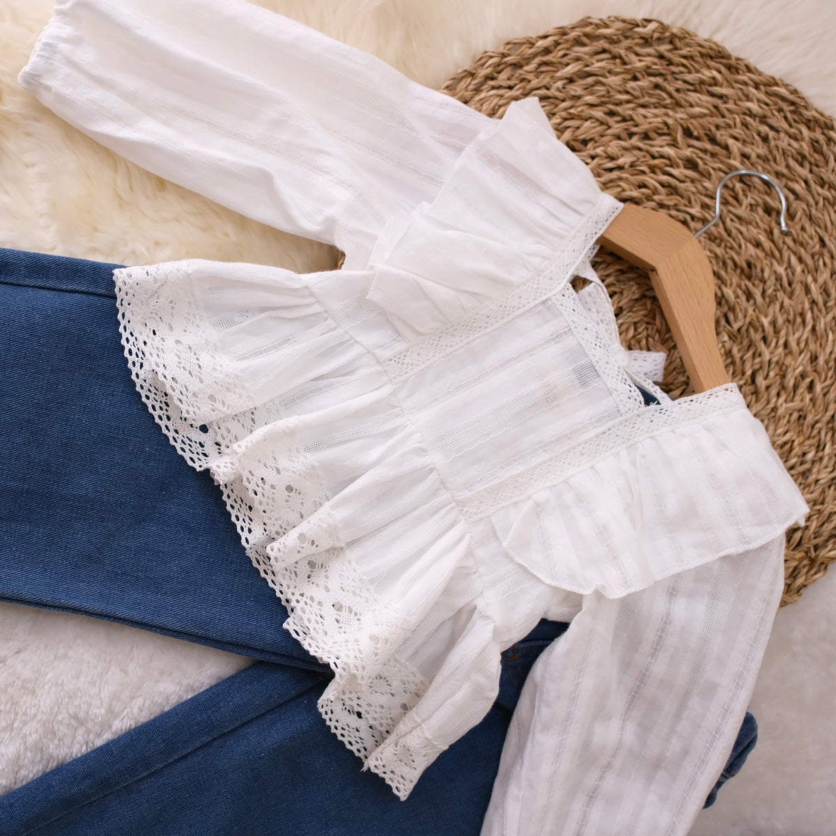 Wide Leg Jeans with White Puffy Sleeve Top for Baby Girl