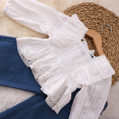 Wide Leg Jeans with White Puffy Sleeve Top for Baby Girl
