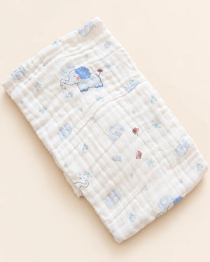 Printed muslin baby towel with playful elephant, unicorn, vehicle, and multicolor designs