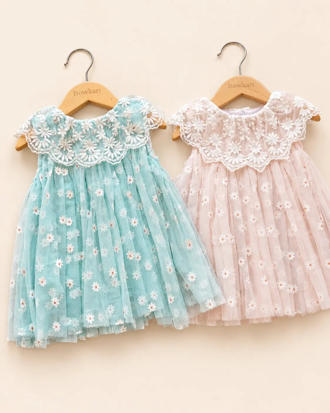 Floral daisy frock in mint green and blush pink with an embroidered lace collar
