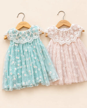 Floral daisy frock in mint green and blush pink with an embroidered lace collar