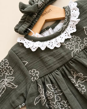 Dark olive green floral embroidered top and trouser set with white lace collar