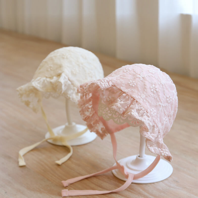 Baby Girl Vintage Lace Bonnet with Ribbon Tie