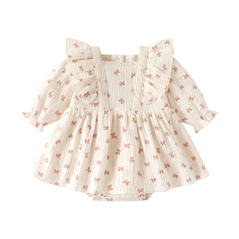 Baby Girl Cotton Muslin Bow Print Romper