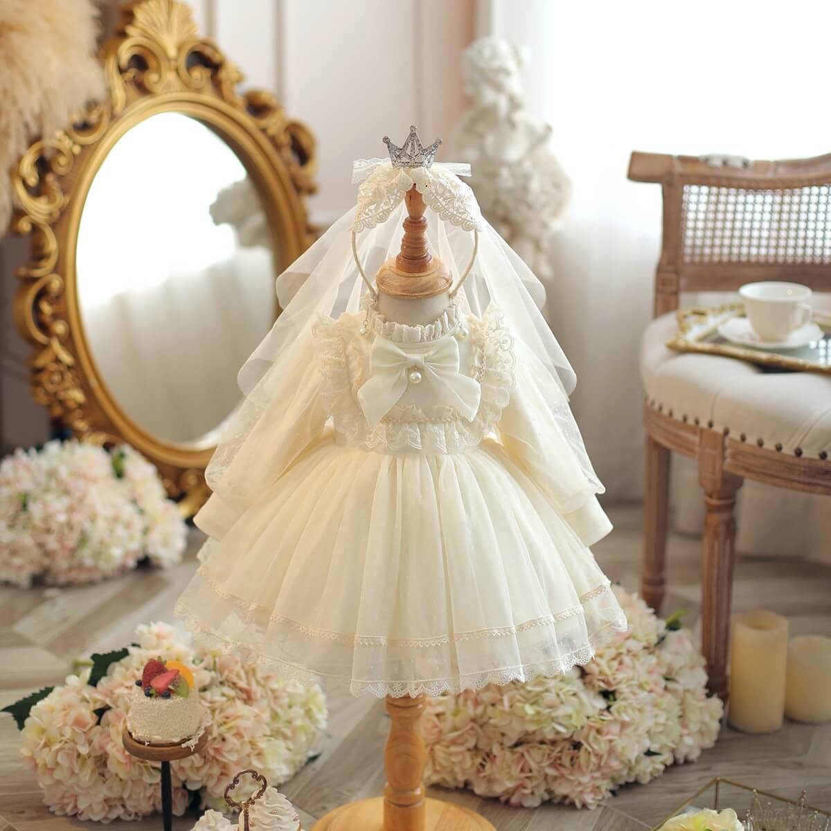 Girls Ivory Lace Tiered Tulle Ball Gown with Pearl Bow
