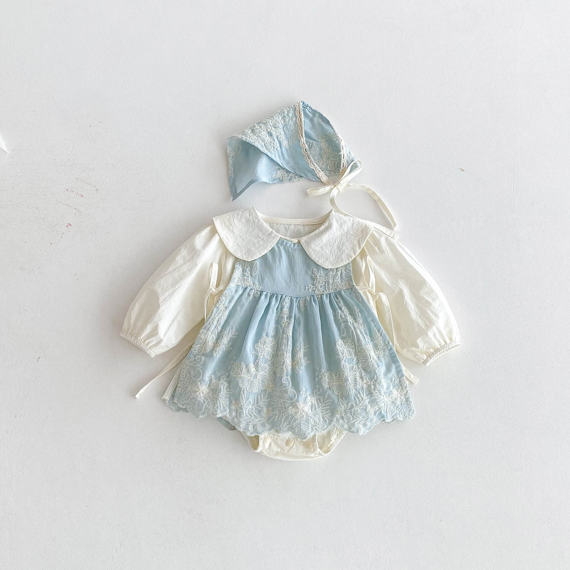 Baby Girl Blue Floral Embroidered Romper Dress