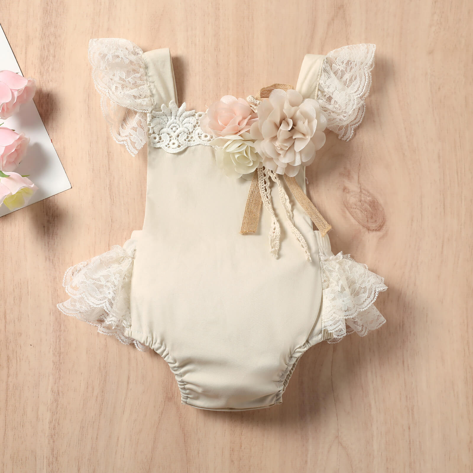 Baby Girl Boho Cream Lace Flutter Sleeve Romper